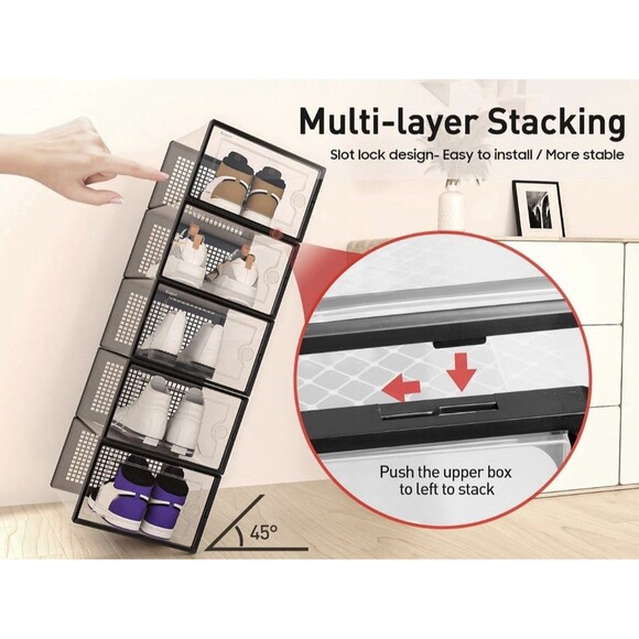 Kuject X-Large Shoe Storage Boxes Organizers Plastic Stackable 12 Pack, Black - Picture 6 of 9